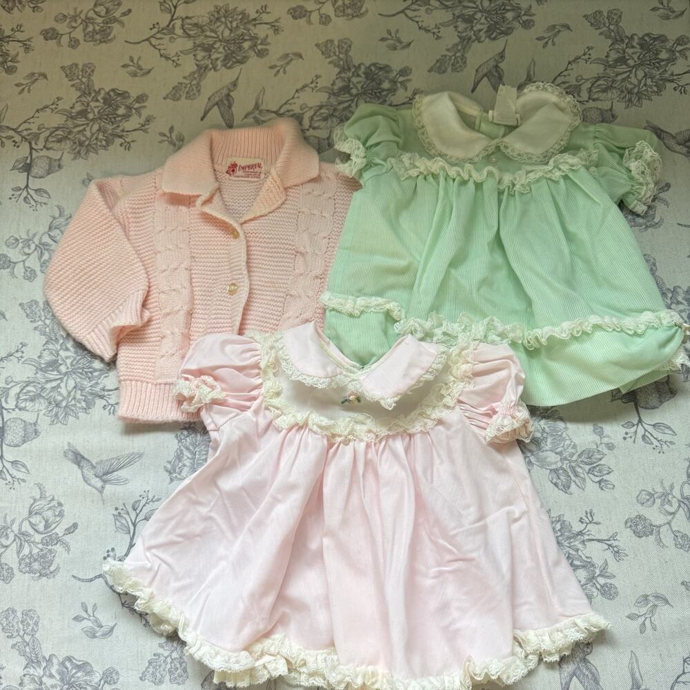 VTG Cardigan Pink Green Dress Lot 60s Baby Girl 18-24 Months Outfit Set Lace